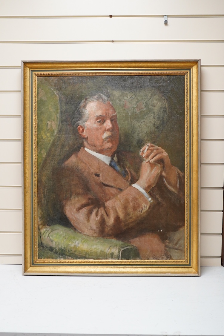 Attributed to Collier Smithers, Portrait of a seated gentleman, Wilfred Smithers, smoking, unsigned, oil on canvas, 75 x 60cm